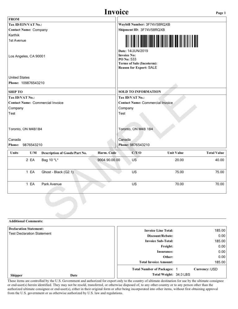 ups commercial invoice template